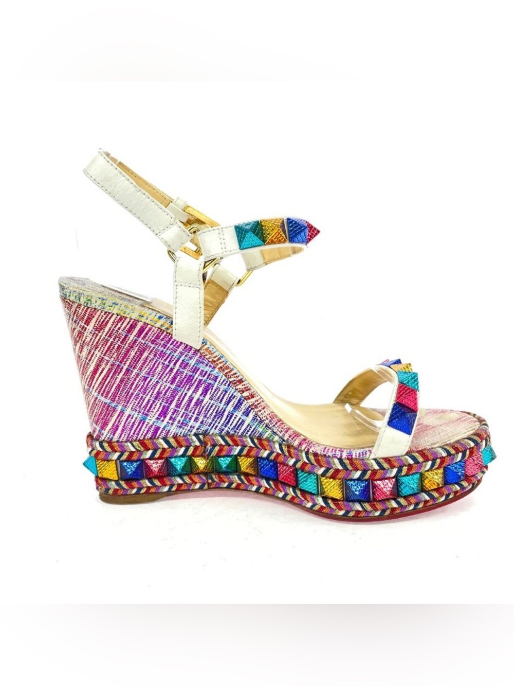 CHRISTIAN LOUBOUTIN Pyraclou Colorful Spike Bead Wedge Red Bottom Heels Sandals - Picture 8 of 9